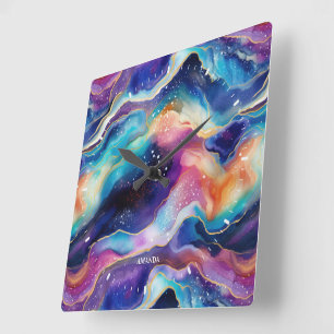 Aesthetic colourful rainbow glitter agate square wall clock