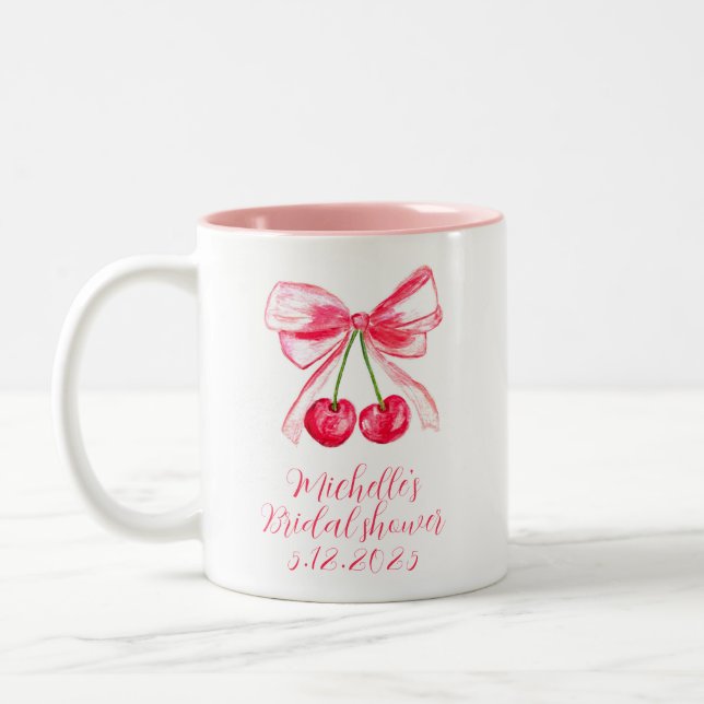 Aesthetic Coquette Pink Bow Elegant Bridal Shower Two-Tone Coffee Mug (Left)