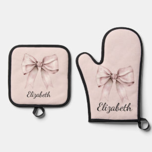 Aesthetic coquette pink bow Personalised Name Oven Mitt & Pot Holder Set