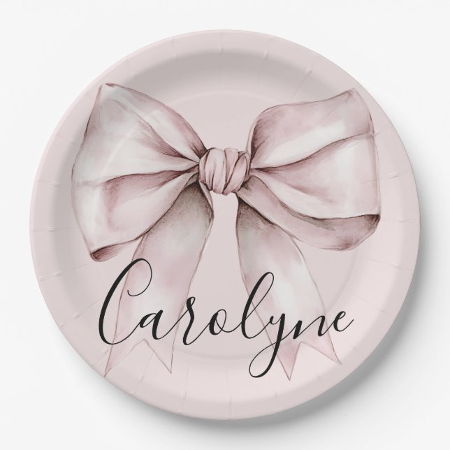 Aesthetic coquette pink bow Personalised Name Paper Plate (Front)
