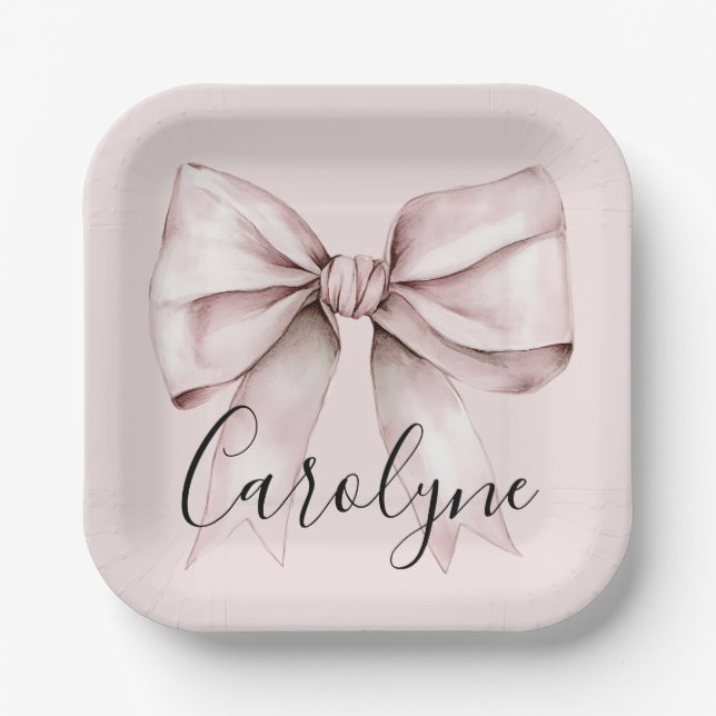 Aesthetic coquette pink bow Personalised square Paper Plate (Front)