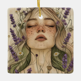 Aesthetic Cottagecore Girl with Wildflowers Art Ceramic Ornament