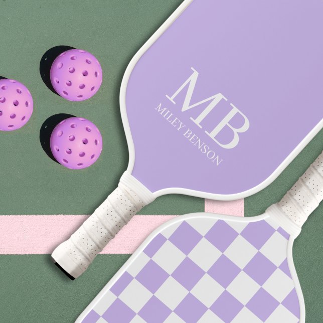 Aesthetic Country Club Lavender Chequered Monogram Pickleball Paddle (Checkered Lavender Personalized Pickleball Paddle )
