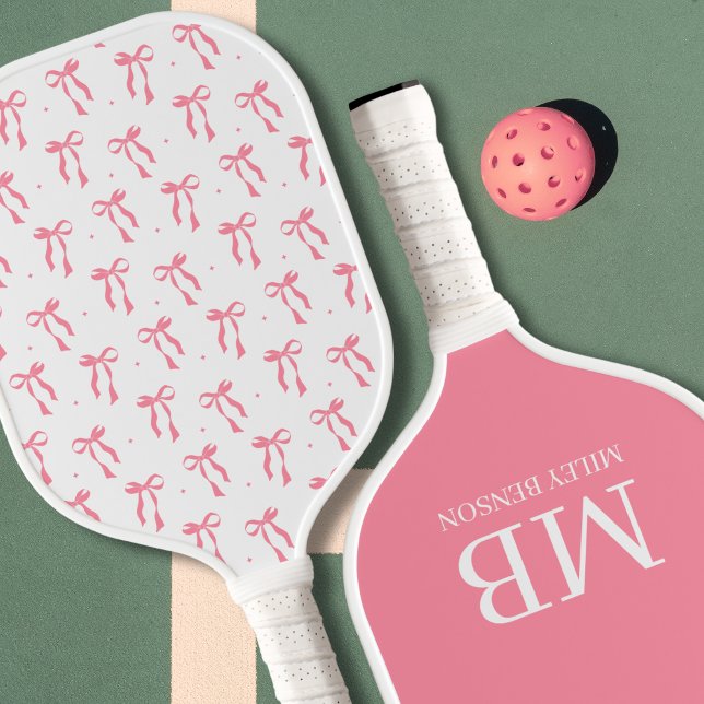 Aesthetic Country Club Pink Bows Monogram Preppy Pickleball Paddle (Preppy Coquette Old Money Aesthetic Bow Pattern Pink Monogram Personalized Custom Pickleball Paddle)