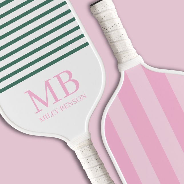 Aesthetic Country Club Pink Stripes Monogram Cute Pickleball Paddle (Pink & Green Country Club Old Money Aesthetic Personalized Pickleball Paddle Unique Bridal Gift)