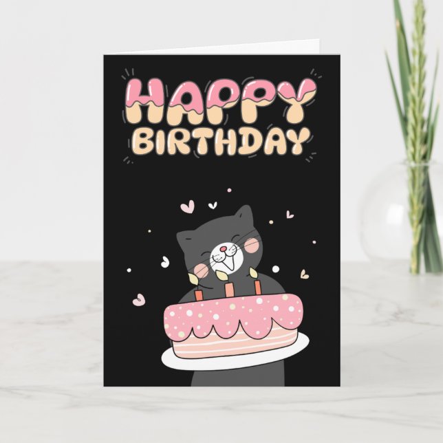 Aesthetic Cute 3D Black Happy Birthday Greeting Holiday Card (Front)
