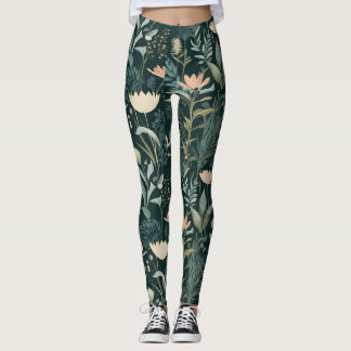 Aesthetic Dark Sage & Peach Floral Illustrative Pa Leggings