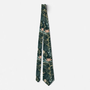 Aesthetic Dark Sage & Peach Floral Illustrative Pa Tie