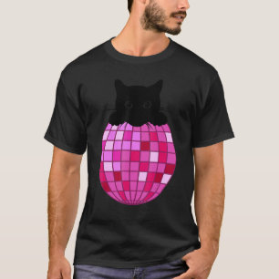 Aesthetic Disco Ball Hot Pink Black Cat Disco Cat T-Shirt