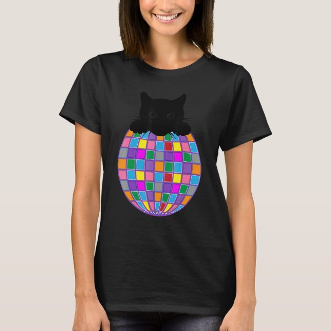Aesthetic Disco Ball Psychedelic Black Cat Disco C T-Shirt (Front)