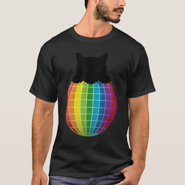 Aesthetic Disco Ball Rainbow Black Cat Disco Cat T-Shirt (Front)