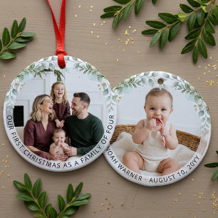 Aesthetic Family of Four First Christmas Photo Ceramic Tree Decoration