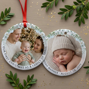 Aesthetic Family of Three First Christmas Photo Ceramic Tree Decoration