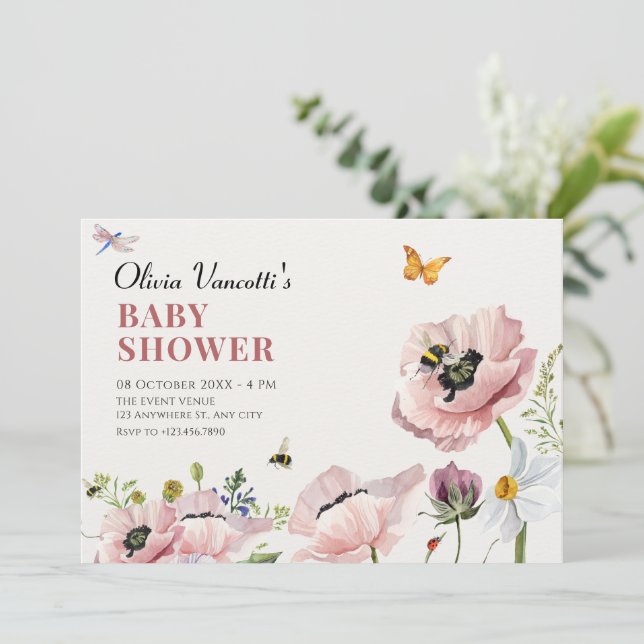 Aesthetic floral bloom bees baby shower invitation (Standing Front)