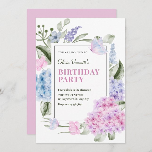 Aesthetic Floral hydrangea birthday Invitation (Front/Back)