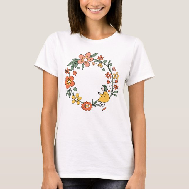 Aesthetic Floral Wreath Boho Illustration T-Shirt (Front)