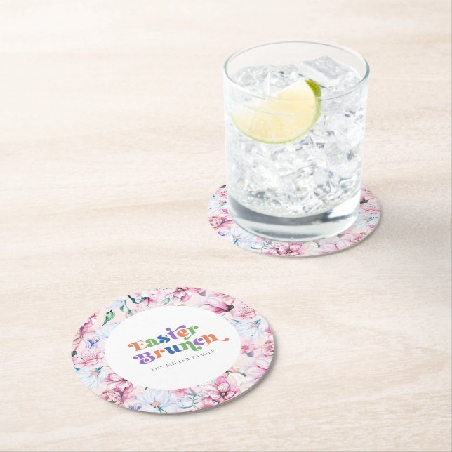 Aesthetic Flowers Easter Brunch Retro Typography Round Paper Coaster (Insitu)
