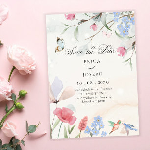 Aesthetic garden floral, bird, and butterfly save the date