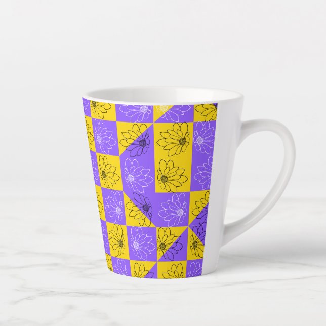 Aesthetic Geometric chessboard Floral Pattern Latte Mug (Right)