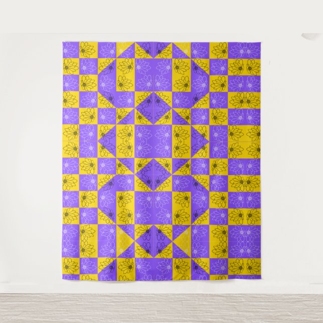 Aesthetic Geometric chessboard Floral Pattern Tapestry (Front)