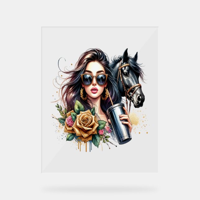 Aesthetic Girl Horse Glitter Roses Acrylic Sign (Front)