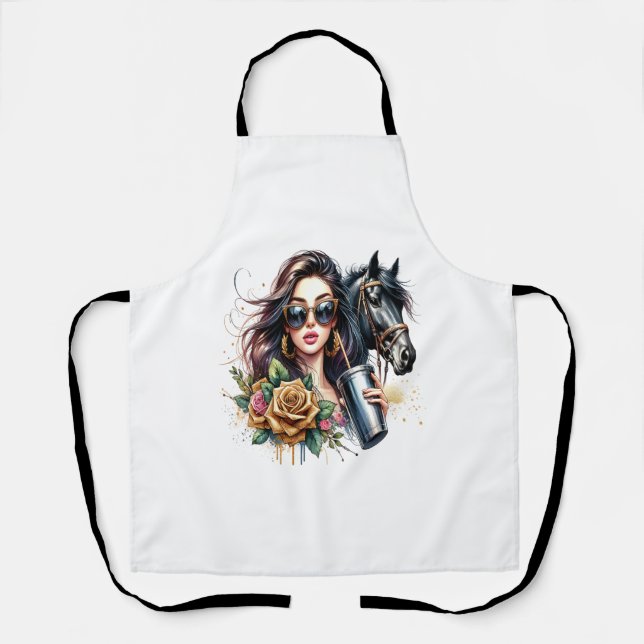 Aesthetic Girl Horse Glitter Roses Apron (Front)