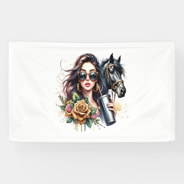 Aesthetic Girl Horse Glitter Roses Banner (Horizontal)