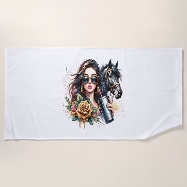 Aesthetic Girl Horse Glitter Roses Beach Towel (Front)