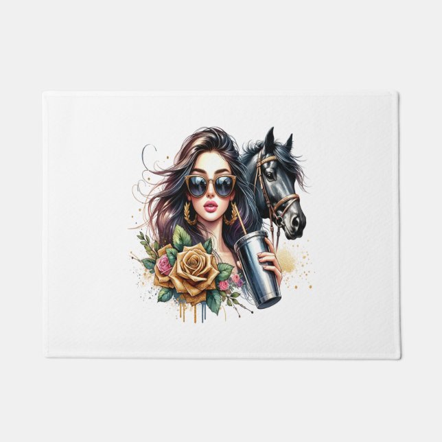Aesthetic Girl Horse Glitter Roses Doormat (Front)
