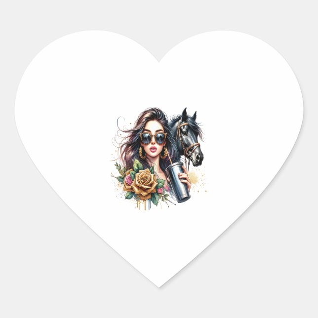 Aesthetic Girl Horse Glitter Roses Heart Sticker (Front)