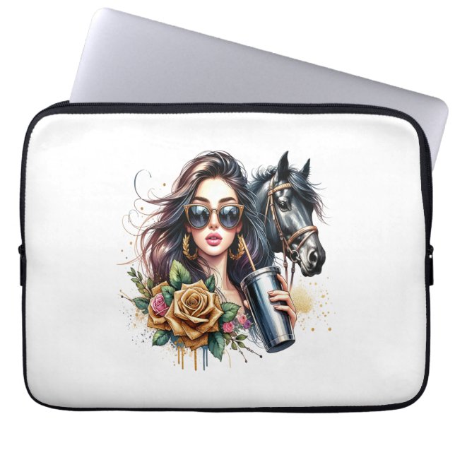 Aesthetic Girl Horse Glitter Roses Laptop Sleeve (Front)