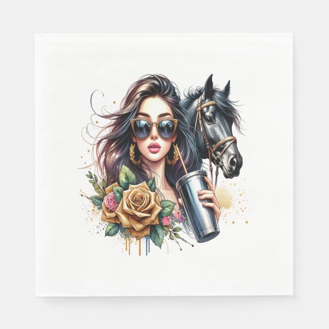 Aesthetic Girl Horse Glitter Roses Napkin (Front)