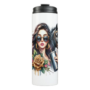 Aesthetic Girl Horse Glitter Roses Thermal Tumbler