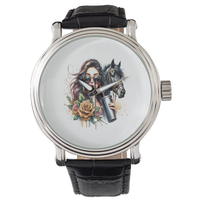 Aesthetic Girl Horse Glitter Roses Watch (Front)