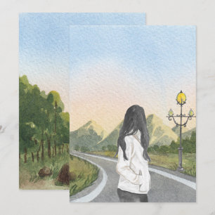 Aesthetic girl on nature landscape holiday card