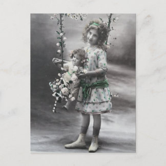 Aesthetic Girl with her Doll Vintage Black&White Postcard