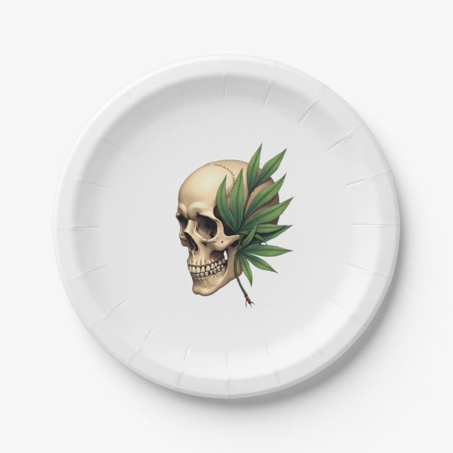 Aesthetic Goth Grunge Skull Tropical Monstera Leaf Paper Plate (Front)