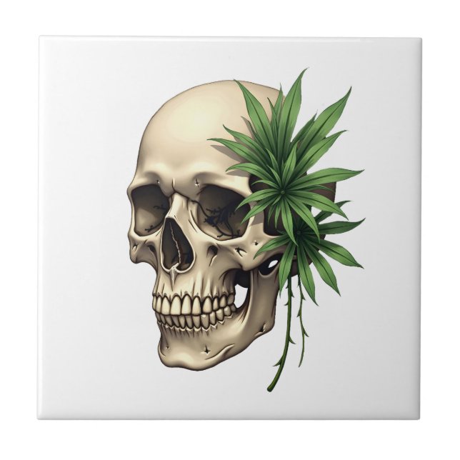 Aesthetic Goth Grunge Skull Tropical Monstera Leaf Tile (Front)