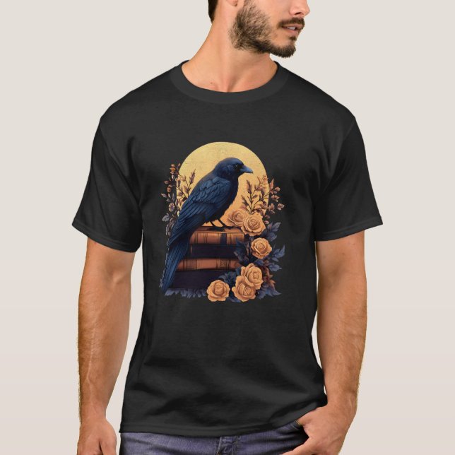 Aesthetic Gothic Raven Sitting On A Stack Of Old B T-Shirt (Front)