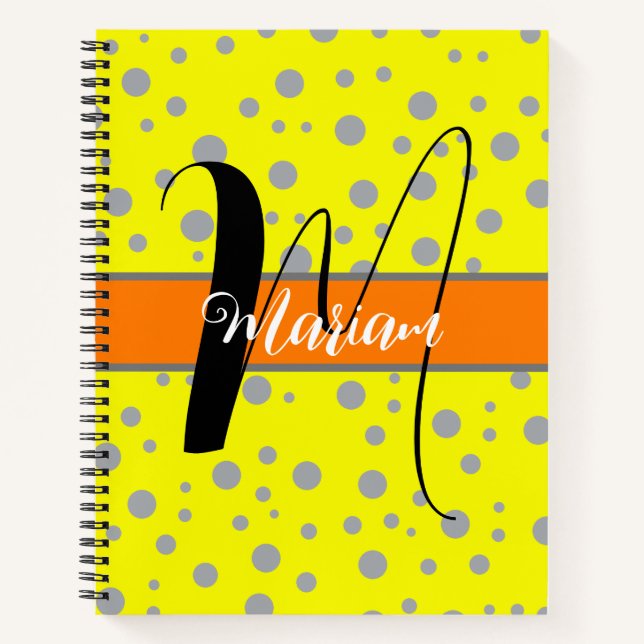 Aesthetic Grey & Yellow Colour - Name Monogrammed Notebook (Front)