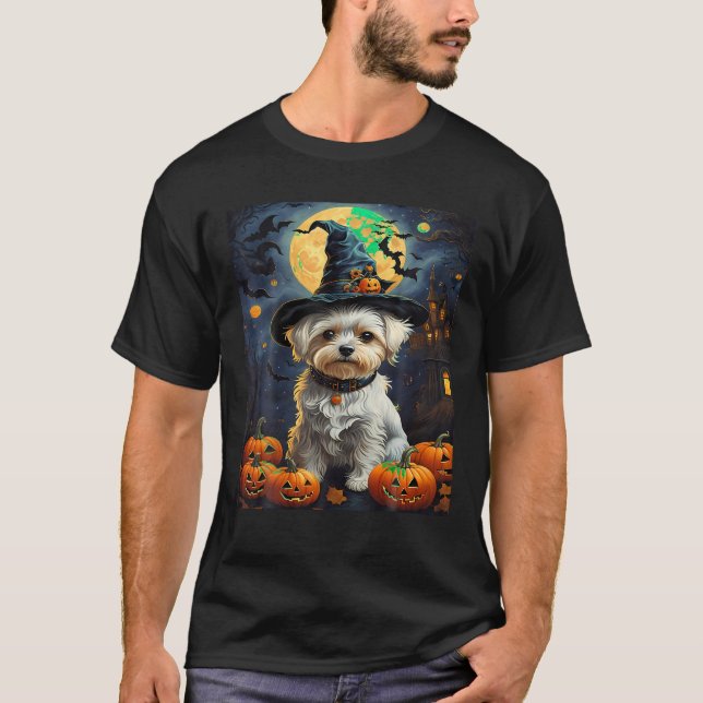 Aesthetic Halloween Maltese Dog Witch Pumpkin Cust T-Shirt (Front)
