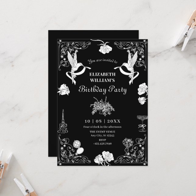 Aesthetic hand drawn floral party birthday invitation (Front/Back In Situ)