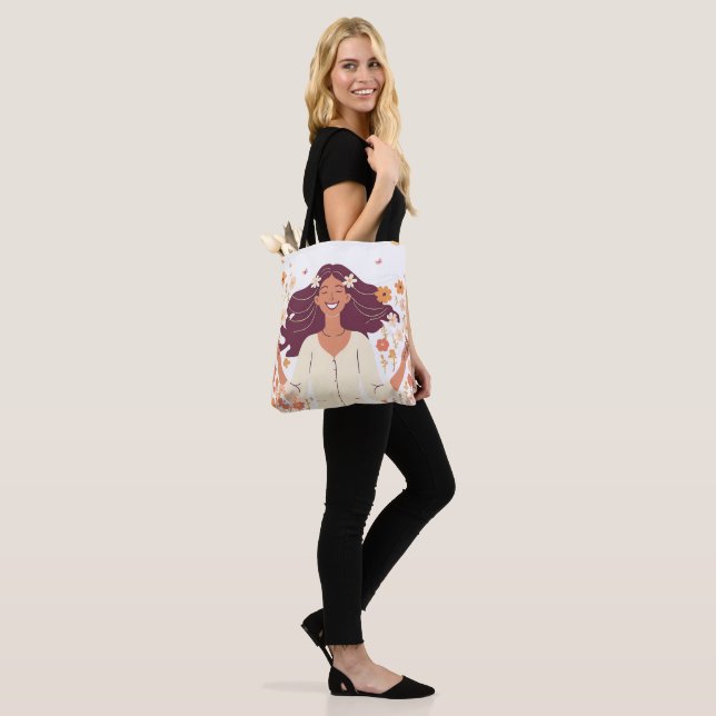 Aesthetic Happy  Woman with Flowers  Tote Bag (On Model)