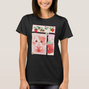 Aesthetic Harajuku Cute Cat Drink Strawberry Boba T-Shirt