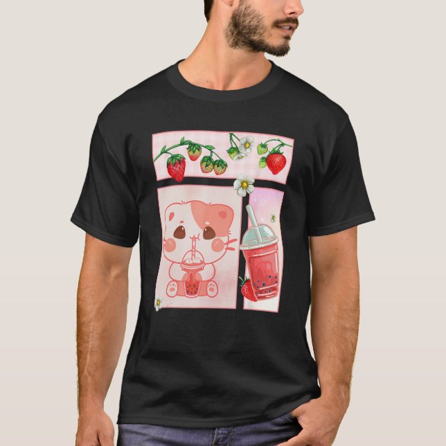 Aesthetic Harajuku Cute Cat Drink Strawberry Boba  T-Shirt (Front)