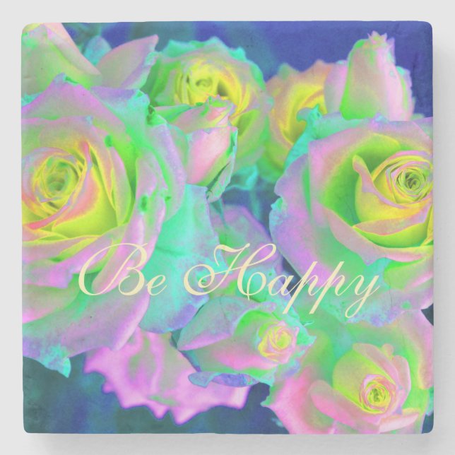  Aesthetic Iridescent Pearly Roses Be Happy Stone Coaster (Front)