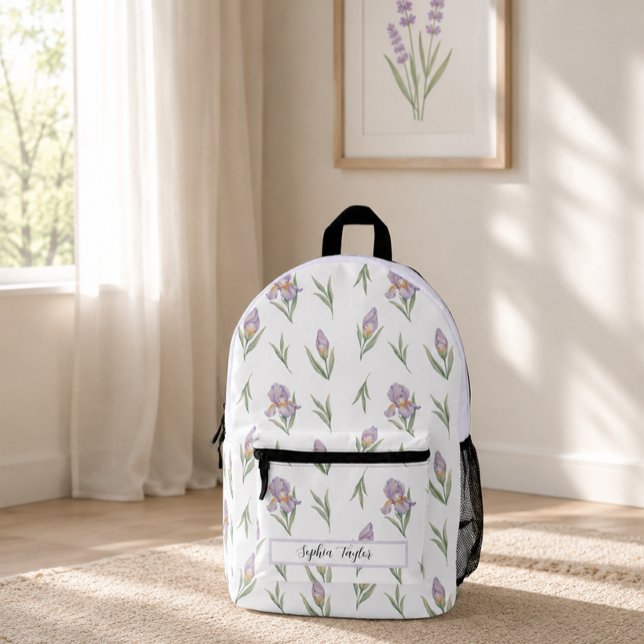 Aesthetic Lavender Purple Iris Botanical Name Printed Backpack (Creator Uploaded)