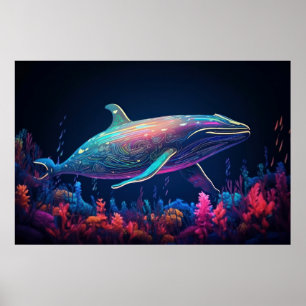 Aesthetic neon whale illustration poster