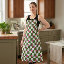 Aesthetic Olive & Pink Floral Chequerboard Apron