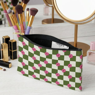 Aesthetic Olive & Pink Floral Chequerboard Pouch